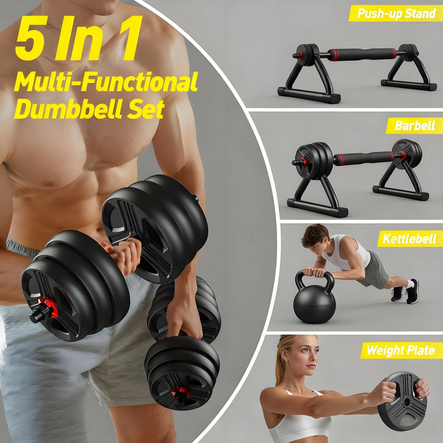 Adjustable Free Weights Set – 20-90 lbs, 5-in-1, Kettlebell, Barbell & Push Up Stand