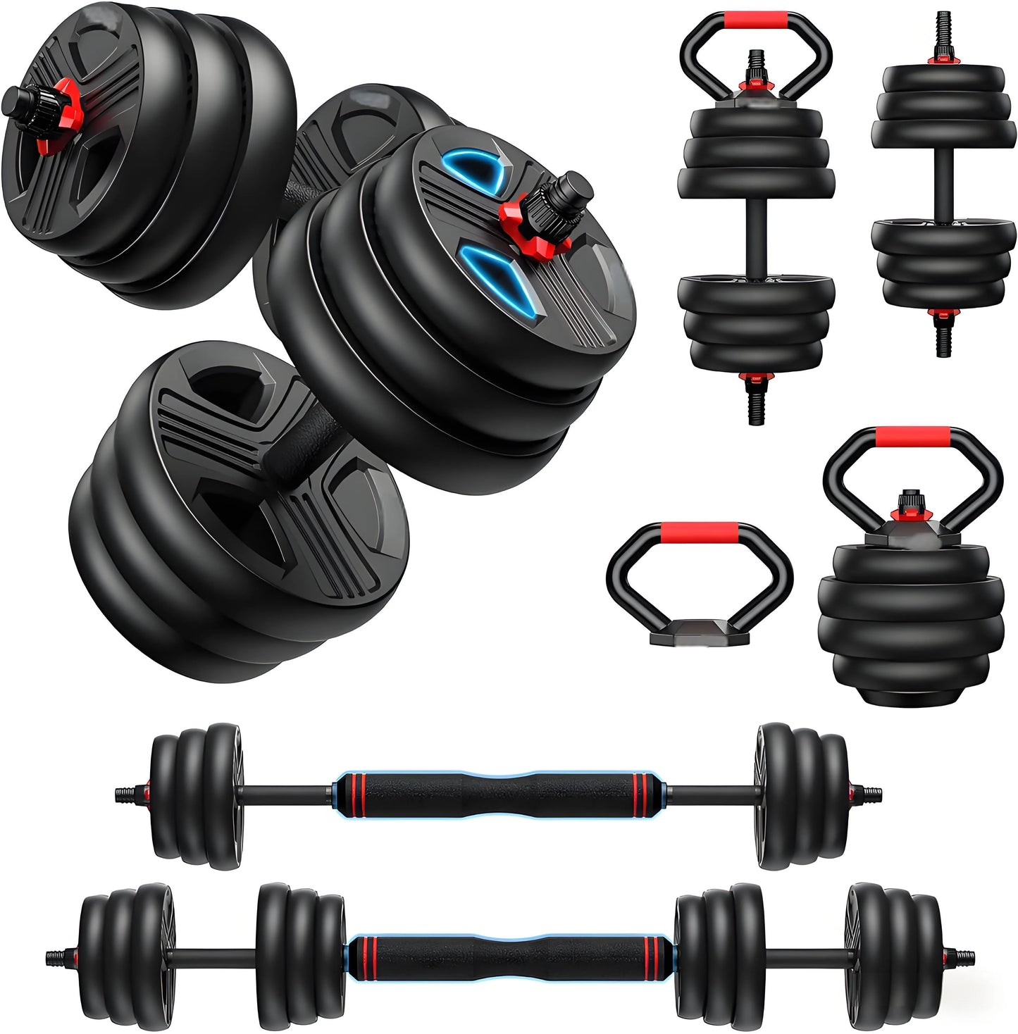 Adjustable Free Weights Set – 20-90 lbs, 5-in-1, Kettlebell, Barbell & Push Up Stand